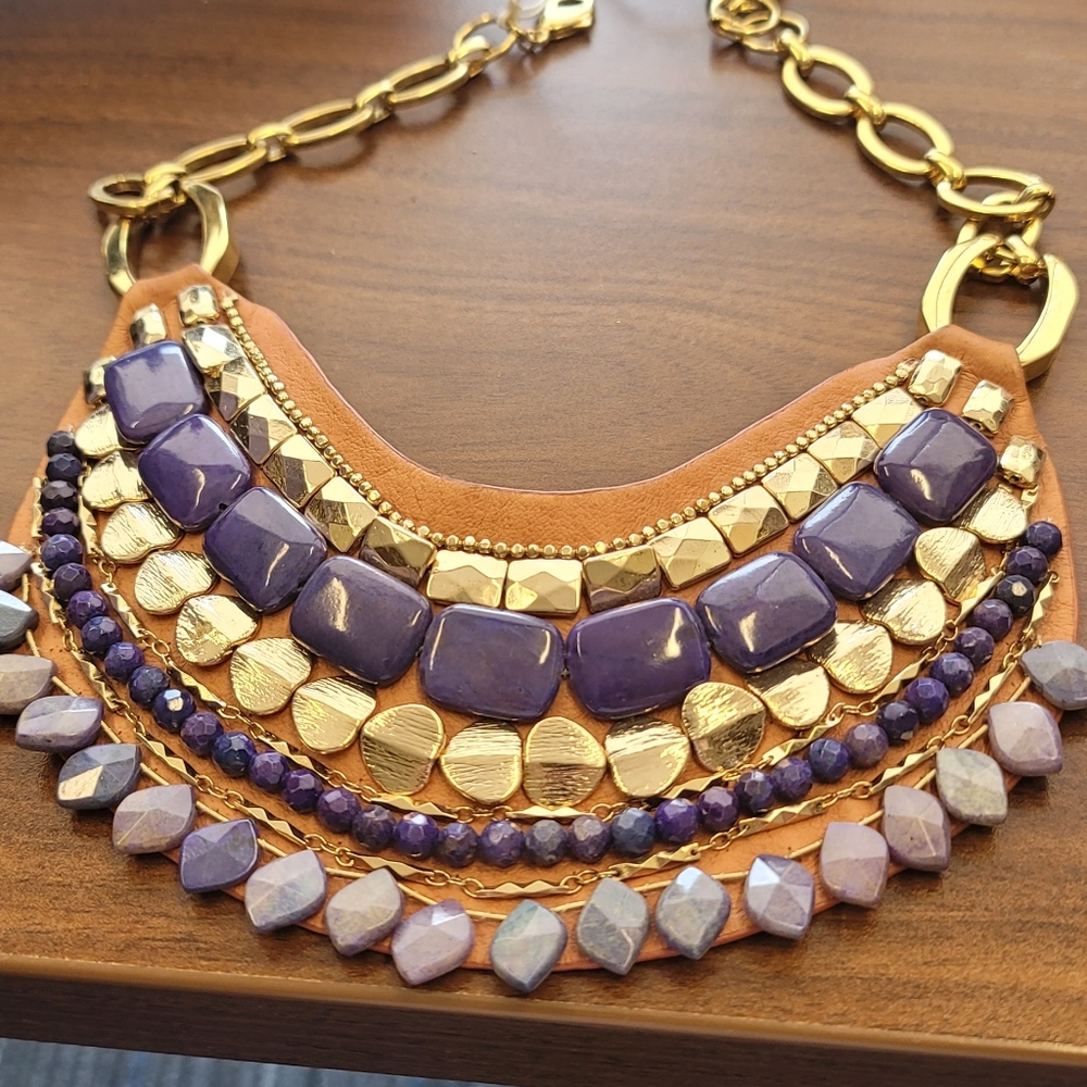 Stella and Dot "Indira" Leather Blue Stones and Gold Tone Necklace